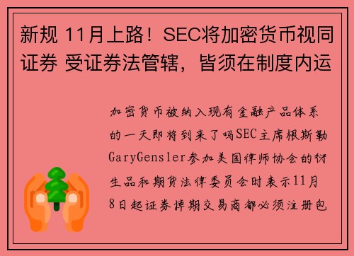 新规 11月上路！SEC将加密货币视同证券 受证券法管辖，皆须在制度内运作